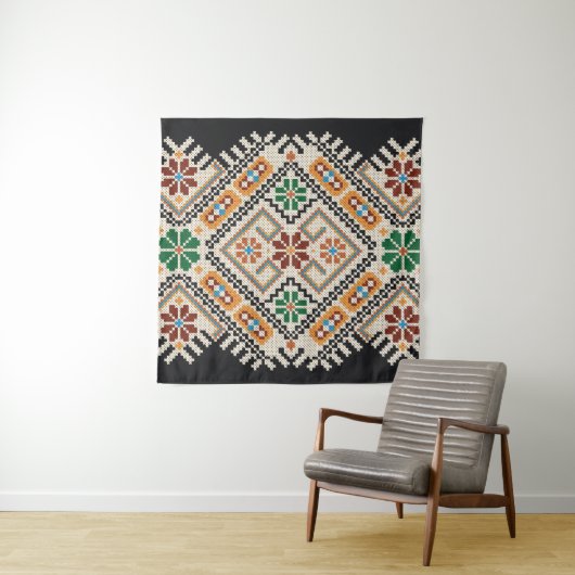 Oekraïense kruissteek: etnisch handgemaakt patroon wandkleed (In situ)