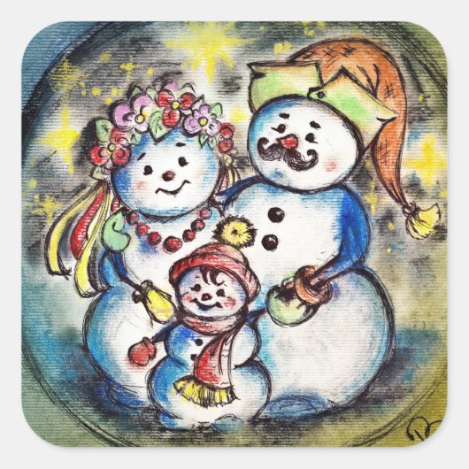 Oekraïense Snowmanfamilie Vierkante Sticker (Voorkant)