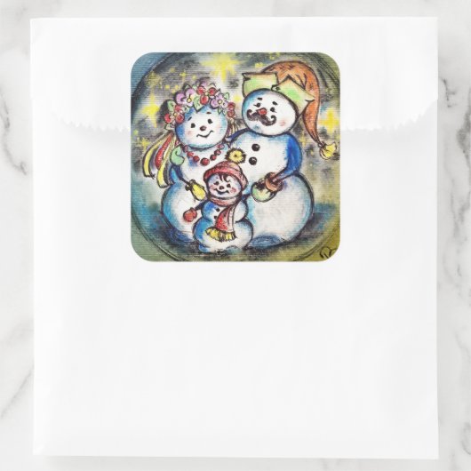 Oekraïense Snowmanfamilie Vierkante Sticker (Tas)