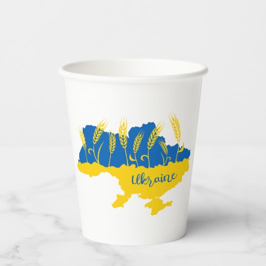 Oekraïense typografie en tarweoor onder Oekraïense Papieren Bekers (Achterkant)