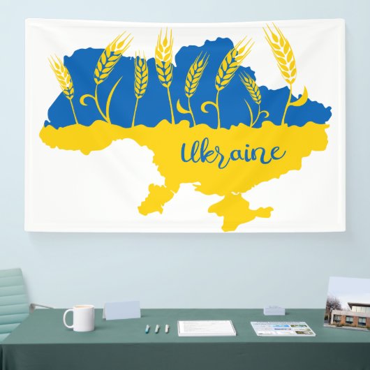 Oekraïense typografie en tarweoor onder Oekraïense Spandoek (Beurs)