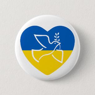 Oekraïense vlag, blauw en geel hart vredesduif ronde button 5,7 cm
