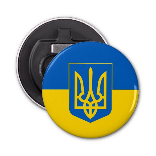 Oekraïense vlag met wapenschild button flesopener (Voorkant)