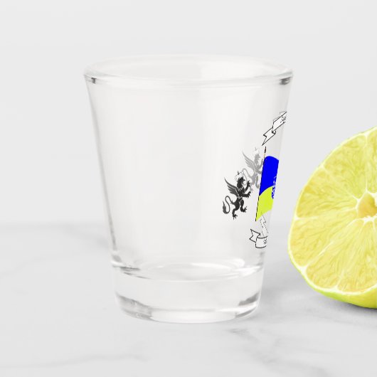 Oekraïense vlag met wapenschild en leeuwen shot glas (Links)