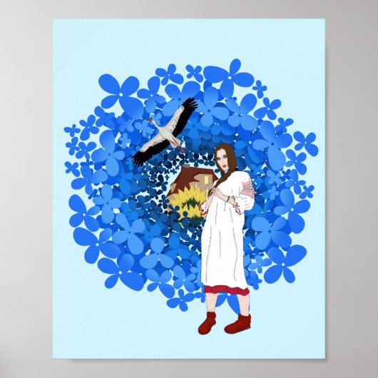 Oekraïense vrouw, Stork en bloemen Poster (Voorkant)