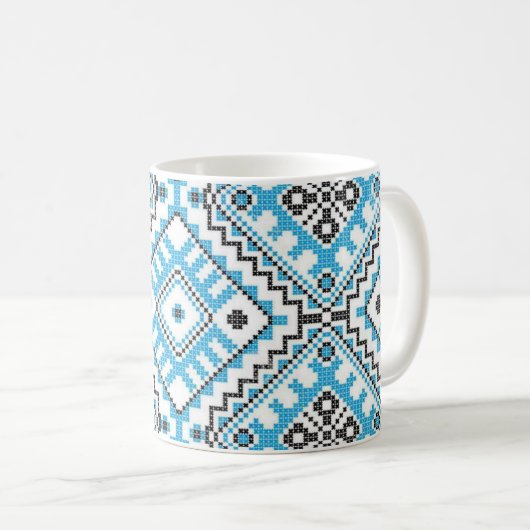 Oekraïense Vyshyvanka Blue Geometric Embroidery Mo Koffiemok (Voorkant rechts)