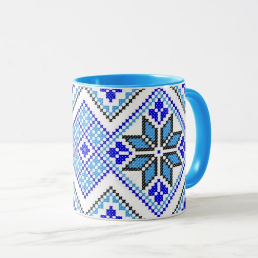 Oekraïense Vyshyvanka Blue Geometric Embroidery Mo Mok (Voorkant rechts)