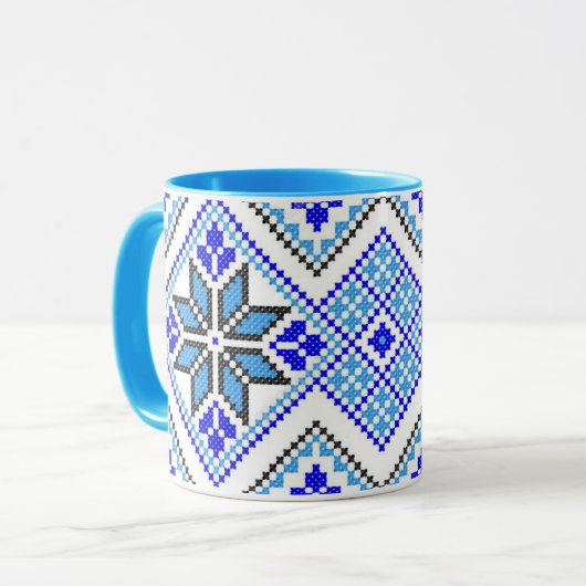 Oekraïense Vyshyvanka Blue Geometric Embroidery Mo Mok (Voorkant links)