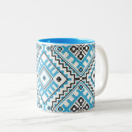 Oekraïense Vyshyvanka Blue Geometric Embroidery Mo Tweekleurige Koffiemok