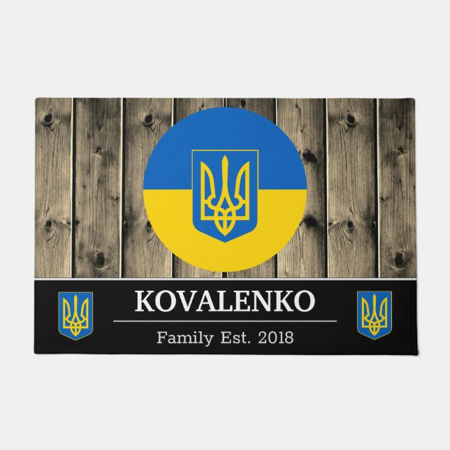 Oekraïne & Oekraïense vlag rustiek hout / familie Deurmat (Voorkant)