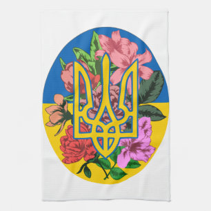 Oekraïnse bloem en Oekraïense vlag met bloemen Theedoek