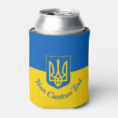 Oekraïnse vlag met wapen en aangepaste tekst blikjeskoeler (Blikje Voorkant)