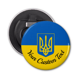 Oekraïnse vlag met wapen en aangepaste tekst button flesopener