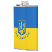 Oekraïnse vlag met wapen en aangepaste tekst heupfles (Links)