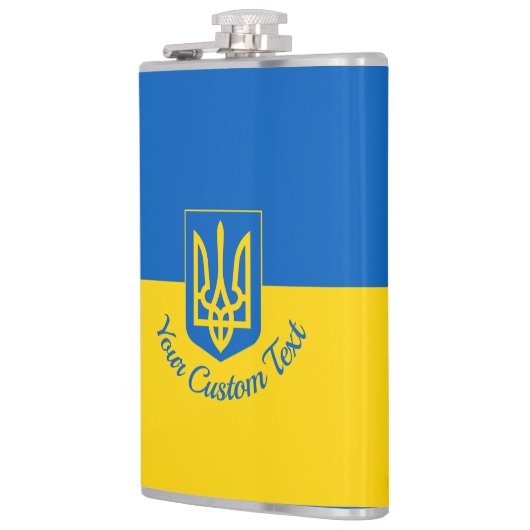 Oekraïnse vlag met wapen en aangepaste tekst heupfles (Links)