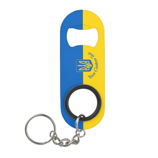 Oekraïnse vlag met wapen en aangepaste tekst mini flessenopener (Voorkant)