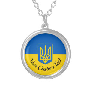 Oekraïnse vlag met wapen en aangepaste tekst zilver vergulden ketting
