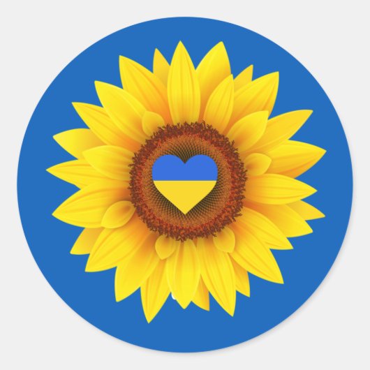 Oekraïnse vlag, zonnebloem en hart (blauw en geel) ronde sticker (Voorkant)