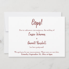 Oeps! Burgundy Postponed Wedding Announance Kaart