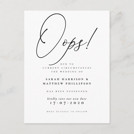 Oeps! Formele uitgestelde trouwkaart Uitnodiging Briefkaart (Voorkant)