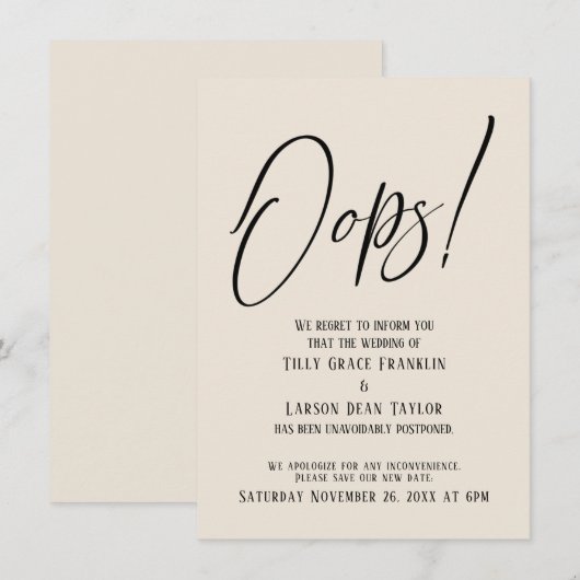 Oeps! Funny Delayed Wedding Simple Cream Kaart (Voorkant / Achterkant)