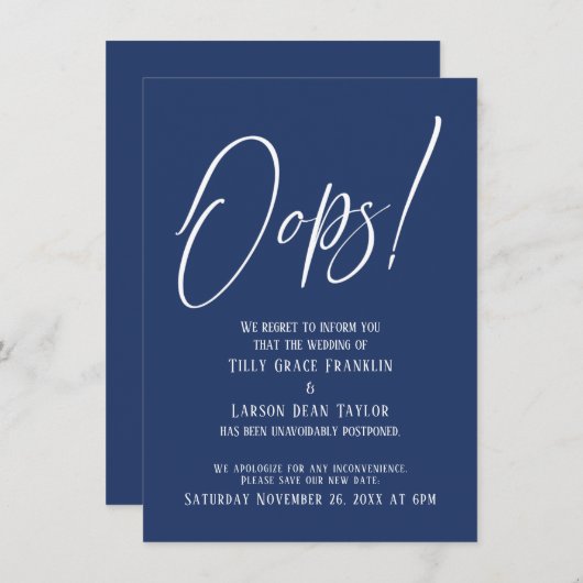 Oeps! Funny Delayed Wedding Simple Navy Card Kaart (Voorkant / Achterkant)