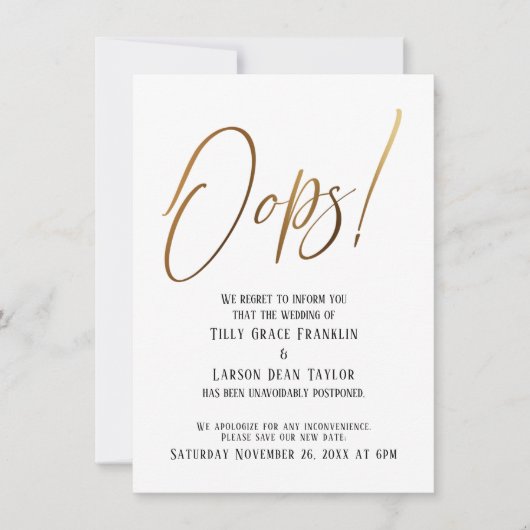 Oeps! Grappige Goud Vertraagde Bruiloft Aankondigi Kaart (Voorkant)