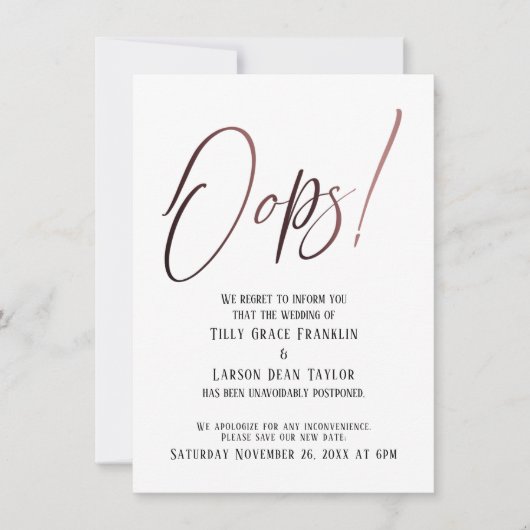 Oeps! Grappige vertraagde bruiloft aankondiging (Voorkant)