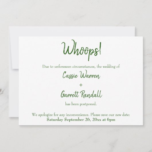 Oeps! Green White Postponed Wedding Announding Kaart (Voorkant)