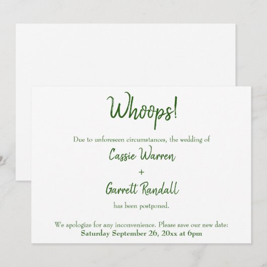 Oeps! Green White Postponed Wedding Announding Kaart (Voorkant / Achterkant)