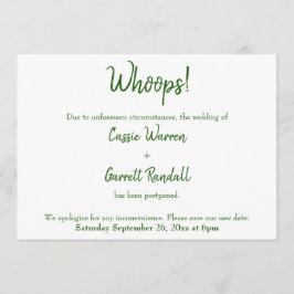 Oeps! Green White Postponed Wedding Announding Kaart