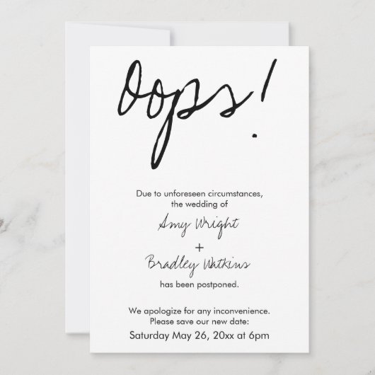 "Oeps!" Humoristische uitnodiging voor een uitgest (Voorkant)