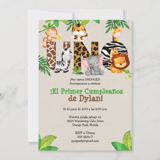 Oerwoud 1e verjaardag Uitnodigingen - Español (Voorkant)