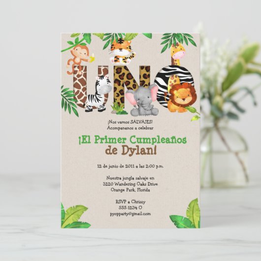 Oerwoud 1e verjaardag Uitnodigingen - Español (Staand voorkant)