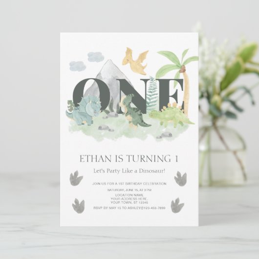 Oerwoud 1e verjaardag Waterverf Dinosaur Partij Kaart (Staand voorkant)