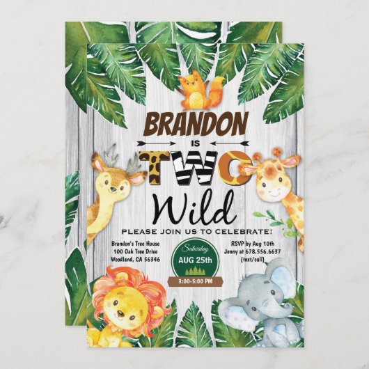Oerwoud 2e verjaardag uitnodiging. Jongen safari z Kaart (Voorkant / Achterkant)