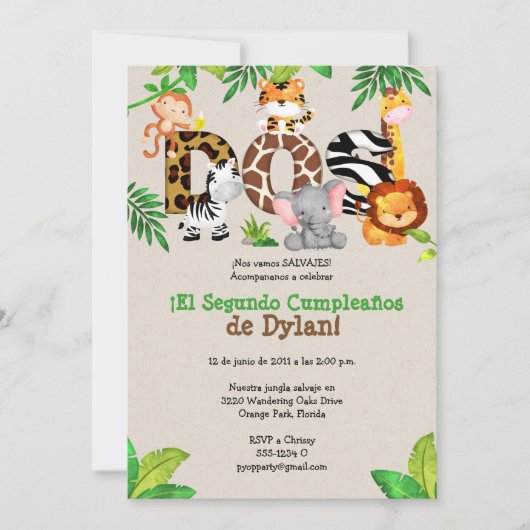 Oerwoud 2e verjaardag Uitnodigingen - Español (Voorkant)