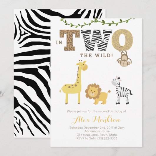 Oerwoud 2e verjaardag Uitnodigingen, Zebra van de Kaart (Voorkant / Achterkant)