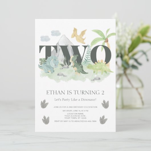 Oerwoud 2e Verjaardag Waterverf Dinosaur Party Kaart (Staand voorkant)