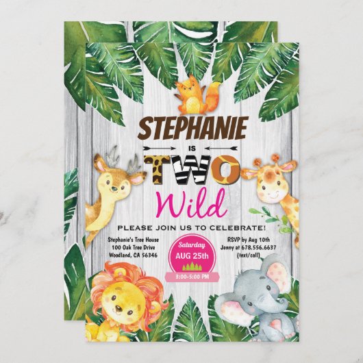 Oerwoud 2e verjaardagsuitnodiging Girl safari zoo  Kaart (Voorkant / Achterkant)