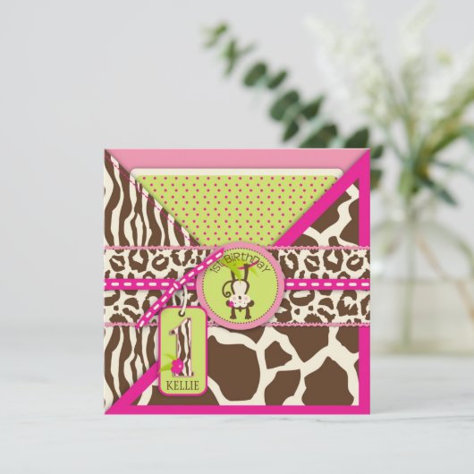 Oerwoud aap eerste verjaardag uitnodiging roze (Staand voorkant)