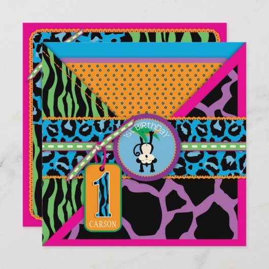 Oerwoud aap eerste verjaardag uitnodiging Wilde (Voorkant / Achterkant)