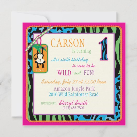 Oerwoud aap eerste verjaardag uitnodiging Wilde (Achterkant)