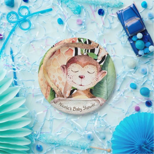Oerwoud, aap en Giraffe, Baby shower - Dierafdrukk Papieren Bordje (Feest)
