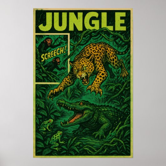 Oerwoud Ambush – Jaguar vs Alligator Retro Comic Poster (Voorkant)