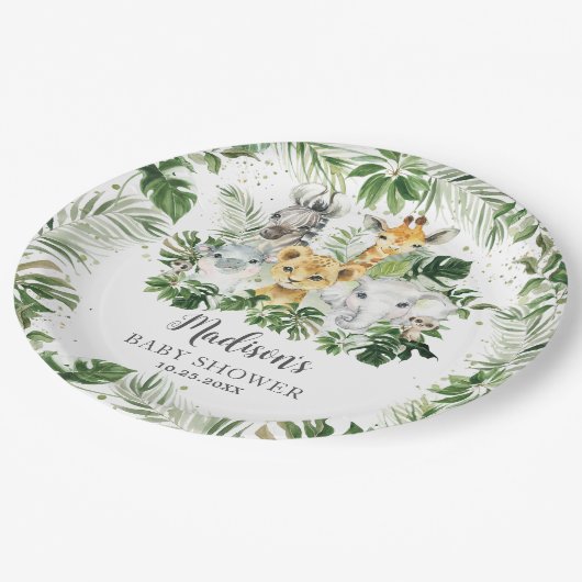 Oerwoud Animal Safari Greenery Neutral Baby shower Papieren Bordje (Gekanteld)