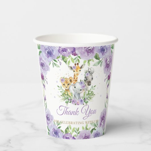 Oerwoud Animal Safari Paars Floral Baby shower Papieren Bekers (Achterkant)