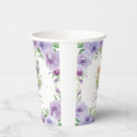 Oerwoud Animal Safari Paars Floral Baby shower Papieren Bekers (Links)