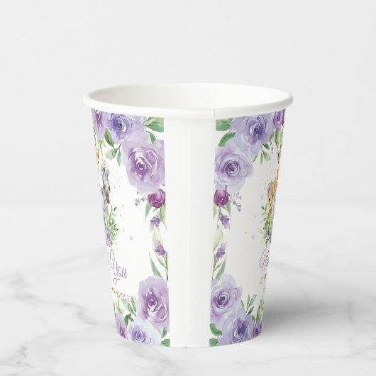 Oerwoud Animal Safari Paars Floral Baby shower Papieren Bekers (Rechts)