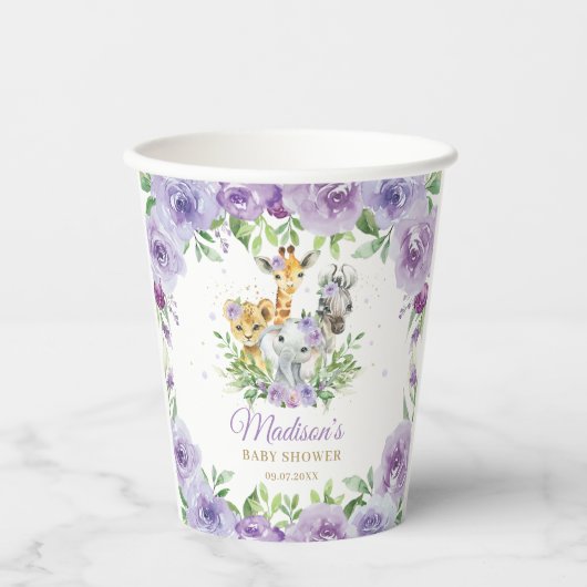 Oerwoud Animal Safari Paars Floral Baby shower Papieren Bekers (Voorkant)
